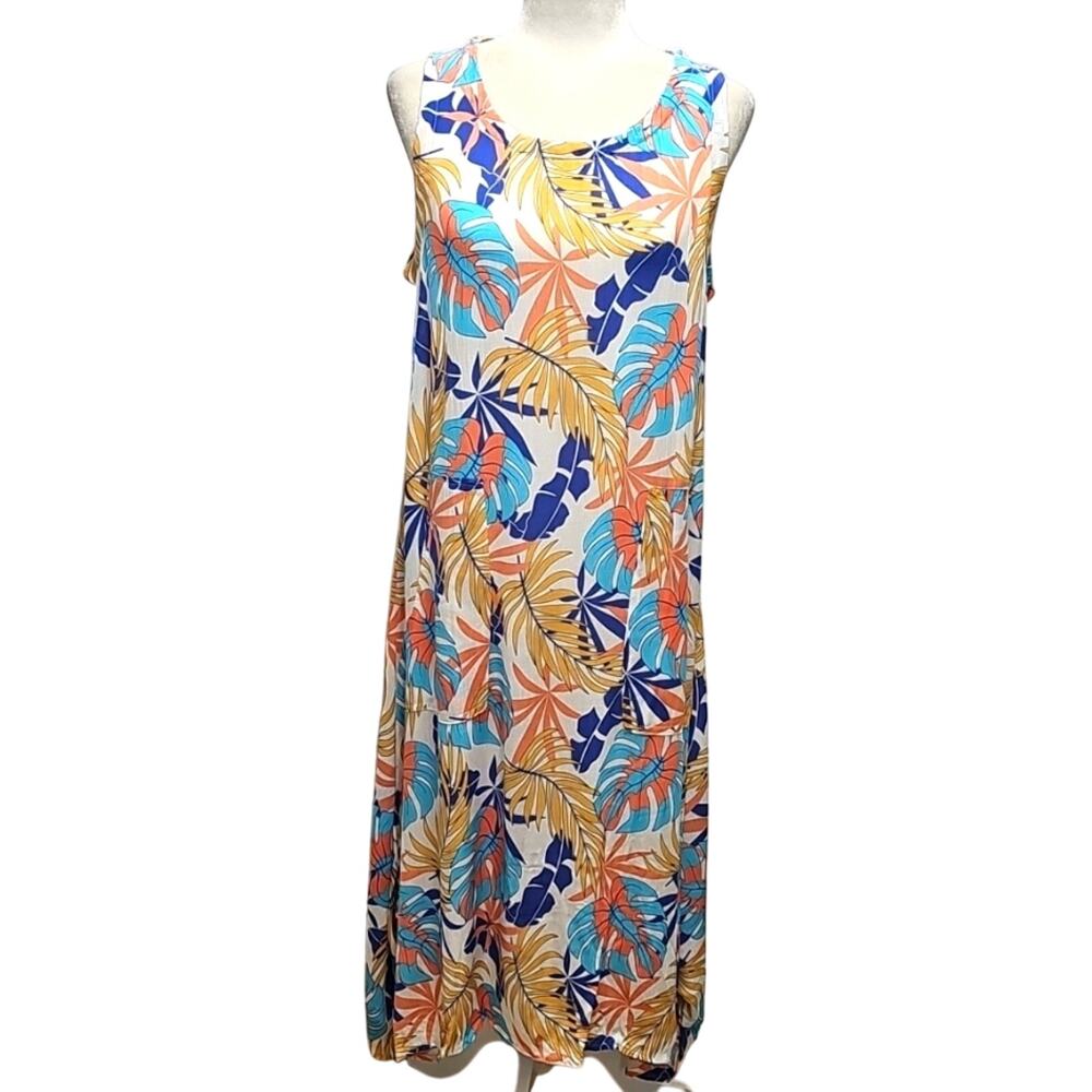 Water Lily Womens 100% Rayon Leafy Floral Print Rouged Hem Tank Sun Dress Size S